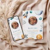 Invitation Première excursion astronaute fusée photo annivers