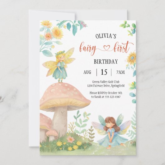 Invitation Première Fée Magique Aquarelle Champignons Anniver (Devant)