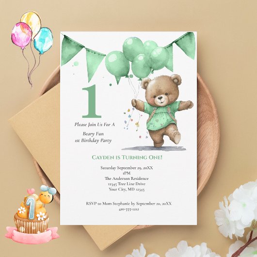 Invitation Première fête d'anniversaire Baby Boy Bear Balloon