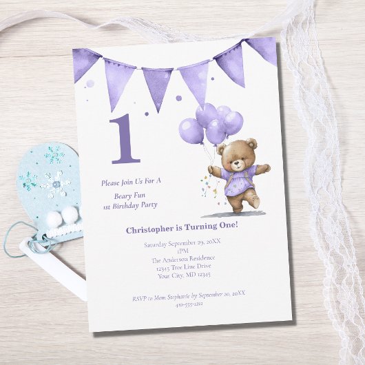 Invitation Première fête d'anniversaire Baby Boy Bear Balloon