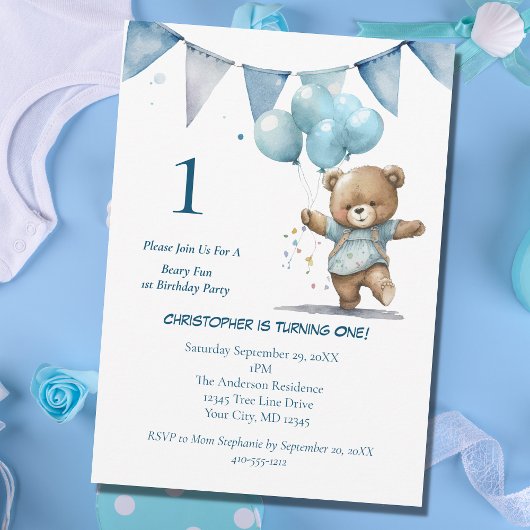 Invitation Première fête d'anniversaire Baby Boy Bear Balloon