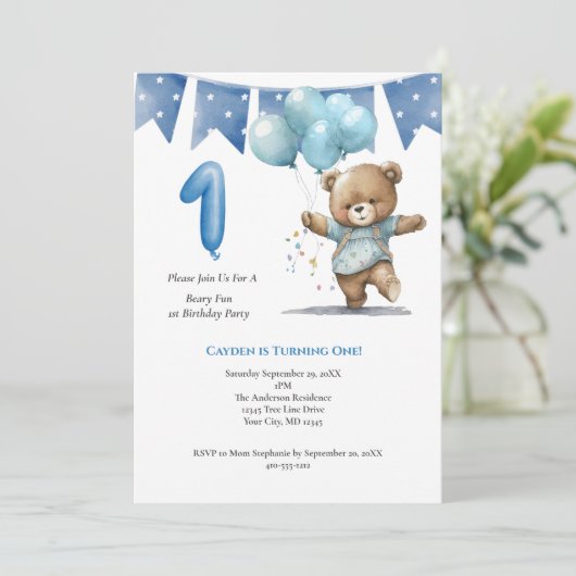 Invitation Première fête d'anniversaire Baby Boy Bear Balloon (Debout devant)