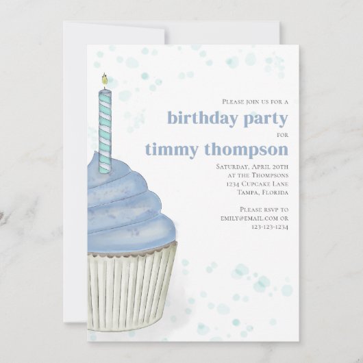 Invitation Première fête d'anniversaire Blue Cupcake (Devant)