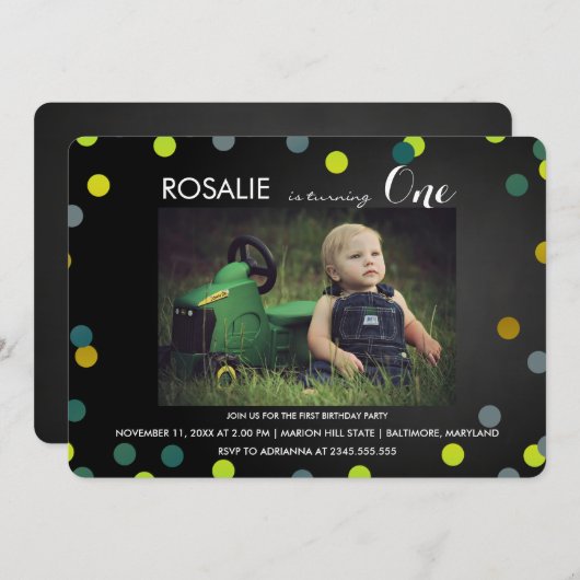 Invitation Première fête d'anniversaire | Chalkboard Confetti (Devant / Derrière)