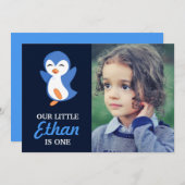 Invitation Première fête d'anniversaire de bébé bleu mignon (Devant / Derrière)