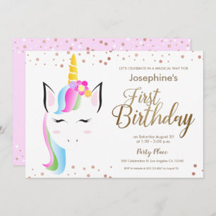 Invitation Première fête d'anniversaire de Cute Unicorn Baby