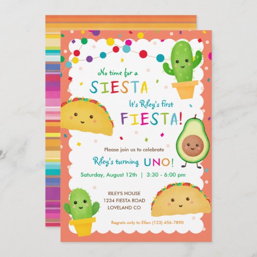 Invitation Première fête d'anniversaire de fêtes avec taco (Devant / Derrière)