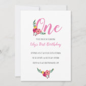 Invitation Première fête d'anniversaire de la fille rose Flor (Devant)