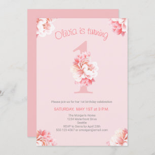 Invitation Première fête d'anniversaire de la fille rose pâle