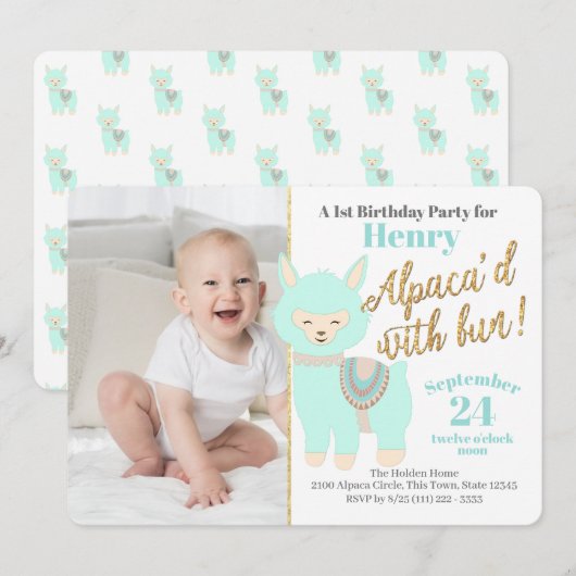 Invitation Première fête d'anniversaire de l'Alpaca avec phot (Devant / Derrière)