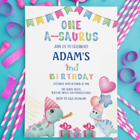Invitation Première fête d'anniversaire Deux dinosaures