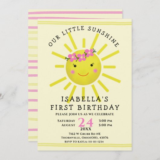 Invitation Première fête d'anniversaire du soleil jaune pâle (Devant / Derrière)
