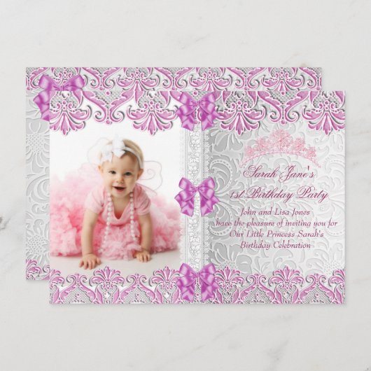 Invitation Première fête d'anniversaire Filles rose Photo Pri (Devant / Derrière)