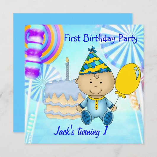 Invitation Première fête d'anniversaire petit's garçon Blue C (Devant / Derrière)