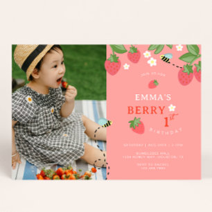 Invitation Première fête d'anniversaire rose de fraise abeill