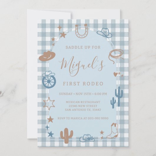 Invitation Première Fête d'anniversaire Western Bleu Gingham (Devant)