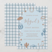Invitation Première Fête d'anniversaire Western Bleu Gingham (Devant / Derrière)