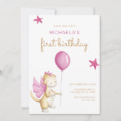 Invitation Première fête de la fille Dragon rose mignonne (Devant)