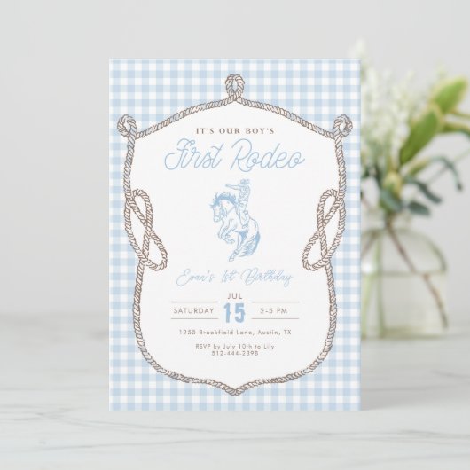 Invitation Première Fête de Rodeo à Gingham Bleu pour 1 an Co (Debout devant)