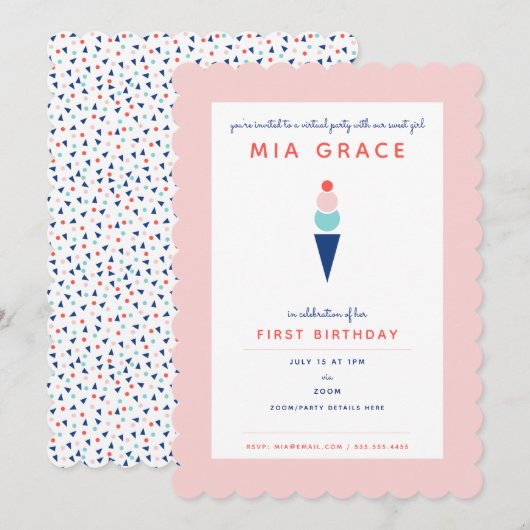 Invitation Première fête virtuelle de la crème glacée d'anniv (Devant / Derrière)