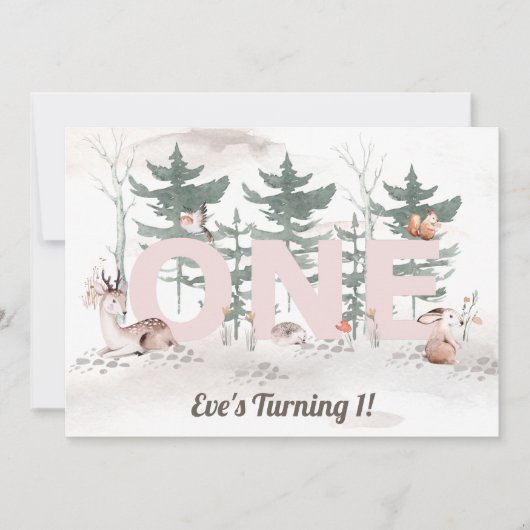 Invitation Première Fille Anniversaire, Bois Animaux Rose Un (Devant)