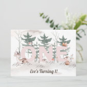 Invitation Première Fille Anniversaire, Bois Animaux Rose Un (Debout devant)