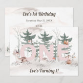 Invitation Première Fille Anniversaire, Bois Animaux Rose Un (Devant / Derrière)