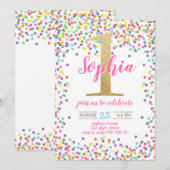 Invitation Première Fille Anniversaire Colorful Confetti Numé (Devant / Derrière)