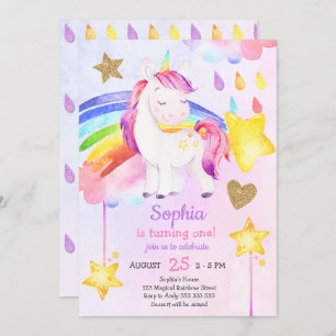 Invitation Première fille Anniversaire de l'Unicorn Arc en ci