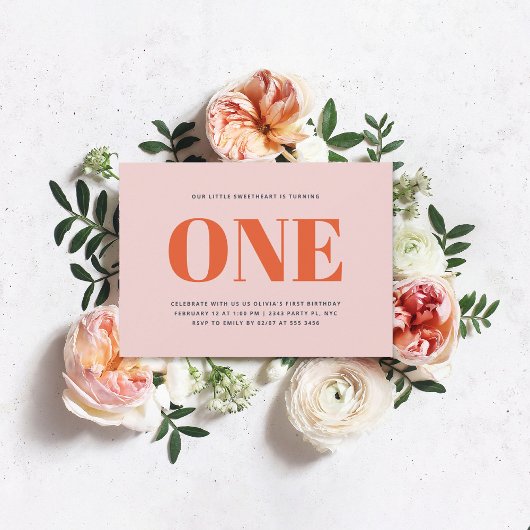 Invitation Première Fille Anniversaire Moderne Pastel Rose