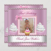 Invitation Première fille anniversaire Pink Cupcakes White Pe (Devant / Derrière)