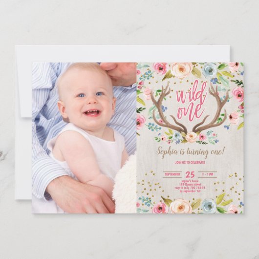 Invitation Première fille Antlers Antlers Rustic Wild One Pho (Devant)