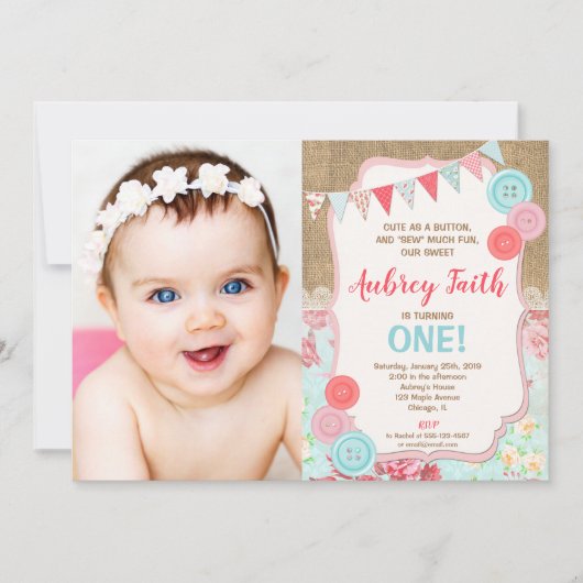 Invitation première fille de 1er anniversaire mignonne comme  (Devant)