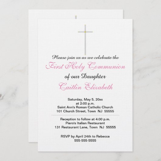 Invitation Première Fille de la Croix de la Communion (Devant / Derrière)