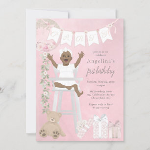 Invitation Première fille de naissance rose en chaise haute