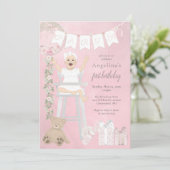 Invitation Première fille de naissance rose en chaise haute (Debout devant)