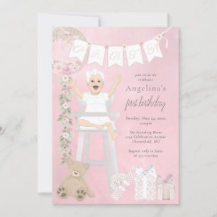 Invitation Première fille de naissance rose en chaise haute