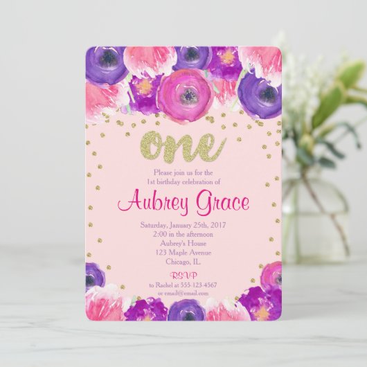 Invitation Première fille d'invitation d'anniversaire, or (Debout devant)