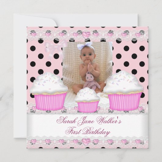 Invitation Première Fille Fille Pink Cupcakes Black White Bab (Devant)
