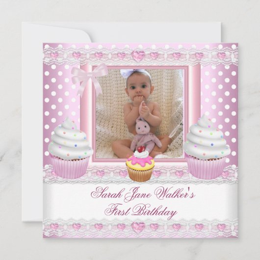 Invitation Première Fille Pink Cupcakes White Spot Baby (Devant)