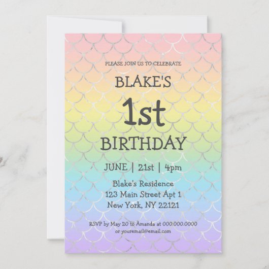 Invitation Première fille Sirène d'anniversaire Arc-en-ciel (Devant)