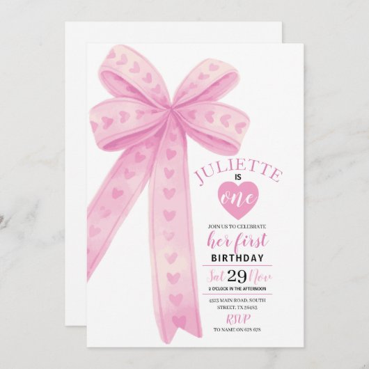 Invitation Première Filles de la Bow rose modifiable Invitati (Devant / Derrière)