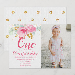 Invitation Première photo d'anniversaire du bébé rose pâle