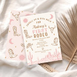 Invitation Première Rodéo de la première fille rose vintage 1<br><div class="desc">Vintage Pink Cowgirl First Rodeo 1st Birthday Invitation Première invitation rodéo de fille rose et brune douce avec un paysage de désert rose, bottes de cowgirl et casquette, crâne, lune et soleil. Cette selle occidentale se lève et surfe sur une invitation de premier anniversaire pour une fille est idéale pour...</div>