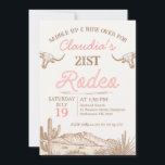 Invitation Première Rodéo des filles roses vintages 21e anniv<br><div class="desc">Vintage Rose Girls First Rodeo 21st Birthday Invitation Girl's vintage vingt et premier anniversaire invitation rodéo comprenant deux vaches longhorn,  une scène désertique et un texte de style corde. L'âge est modifiable rendant cette invitation d'anniversaire sur le thème du rodéo adapté à tout âge.</div>