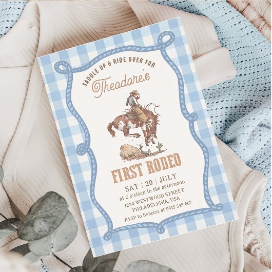 Invitation Première Rodéo Gingham Bleu Vintage