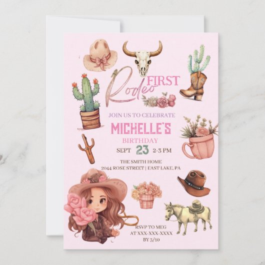 Invitation Première Rodéo Rose Cowgirl Western Anniversaire (Devant)