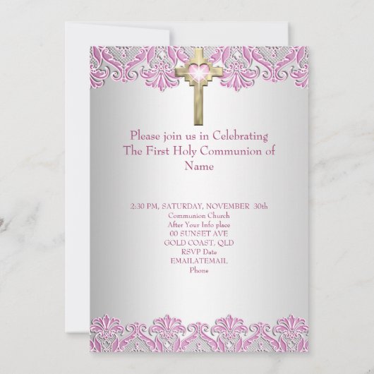 Invitation Première Sainte Communion 1ère Croix d'or Filles r (Dos)
