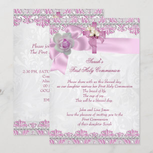 Invitation Première Sainte Communion 1ère Croix Filles Blanc 