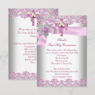 Invitation Première Sainte Communion 1ère Croix Filles Blanc